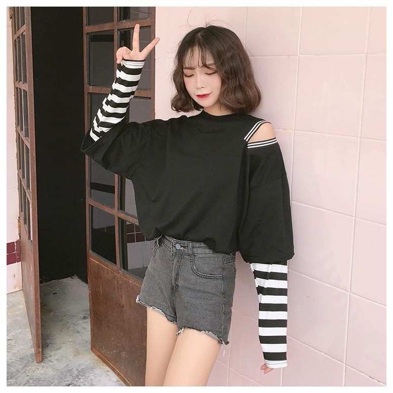 offermore□□ Women Hip-Pop Korean Style Punk Girls Hole Fake Harajuku Style Wear Loose áo rút áo tiểu thư áo bigsize