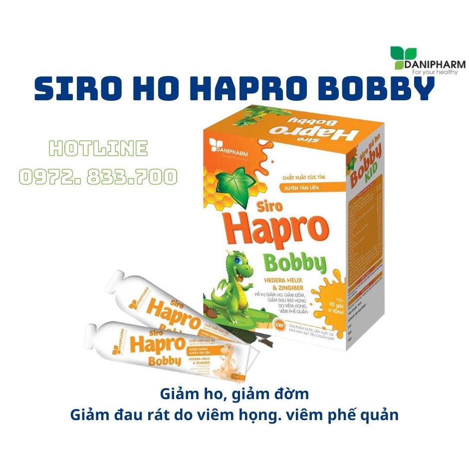 Siro ho cho bé(hộp 20 gói*10ml) HAPRO BOBBY, chiết xuất xuyên tâm liên, hoa cúc tím, tiêu đờm, bổ phế