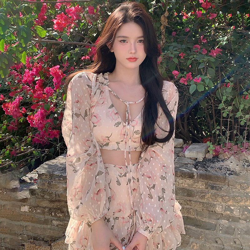 Áo croptop voan cổ chữ v hở lưng/Chân váy voan lưng cao in hoa dễ thương cho nữ