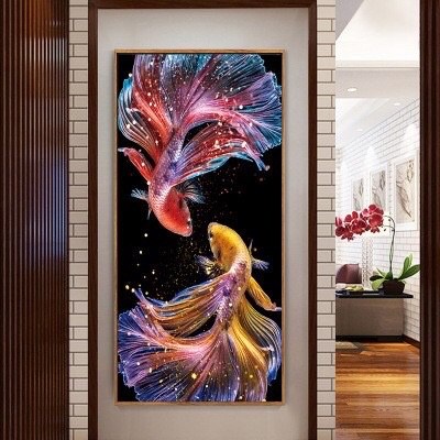 Tranh thêu Đôi Cá Phú Quý size 50x90cm - tranh chưa thêu