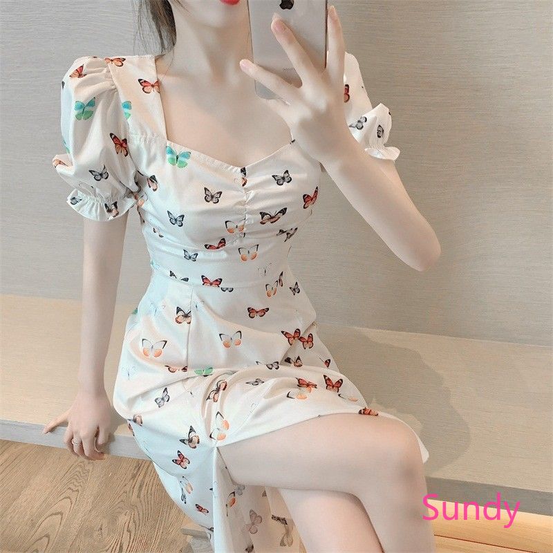 Đầm trắng ngắn tay cổ V xẻ tà họa tiết bươm bướm thời trang cho nữ | BigBuy360 - bigbuy360.vn