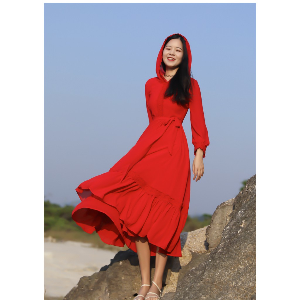 Đầm Đỏ Boho Maxi có nón - SALA - Hàng loại 1 voan chiffon mềm rũ