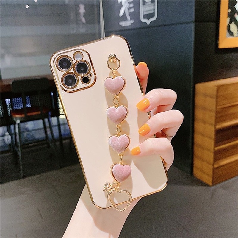 Ốp Điện Thoại Silicon Hình Trái Tim Mạ Viền Sang Trọng Có Dây Đeo Tay Cho iPhone 13 11 Pro Max XR XS 7 8 Plus SE2 12Mini