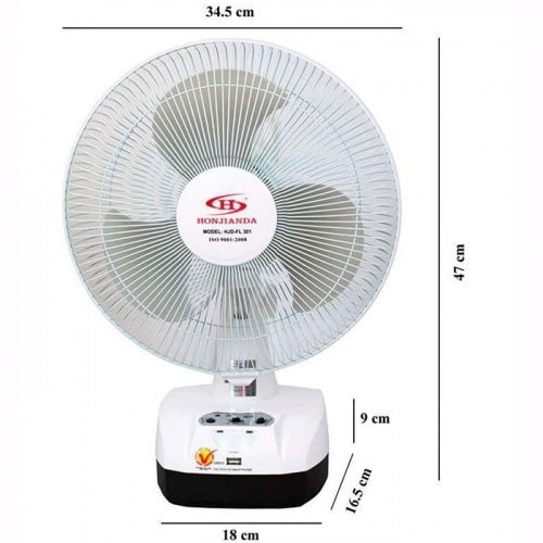 (Nhà Phân Phối) Quạt sạc tích điện để bàn AC&DC 12 inch Honjianda FL301 1/2b bình - có đèn ngủ LED & USB