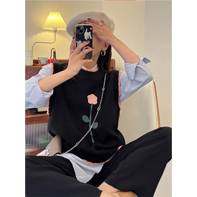 DUNEA Set Áo Sơ Mi Hoa Và Áo Len Không Tay Phong Cách Hàn Quốc Xinh Xắn Cho Nữ