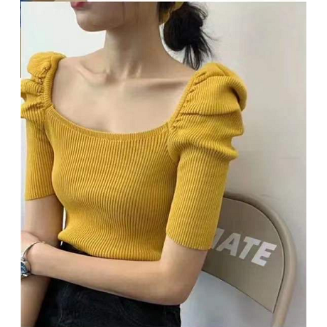 Áo lửng tay phồng cổ vuông màu trơn dễ thương thời trang dành cho nữ | BigBuy360 - bigbuy360.vn