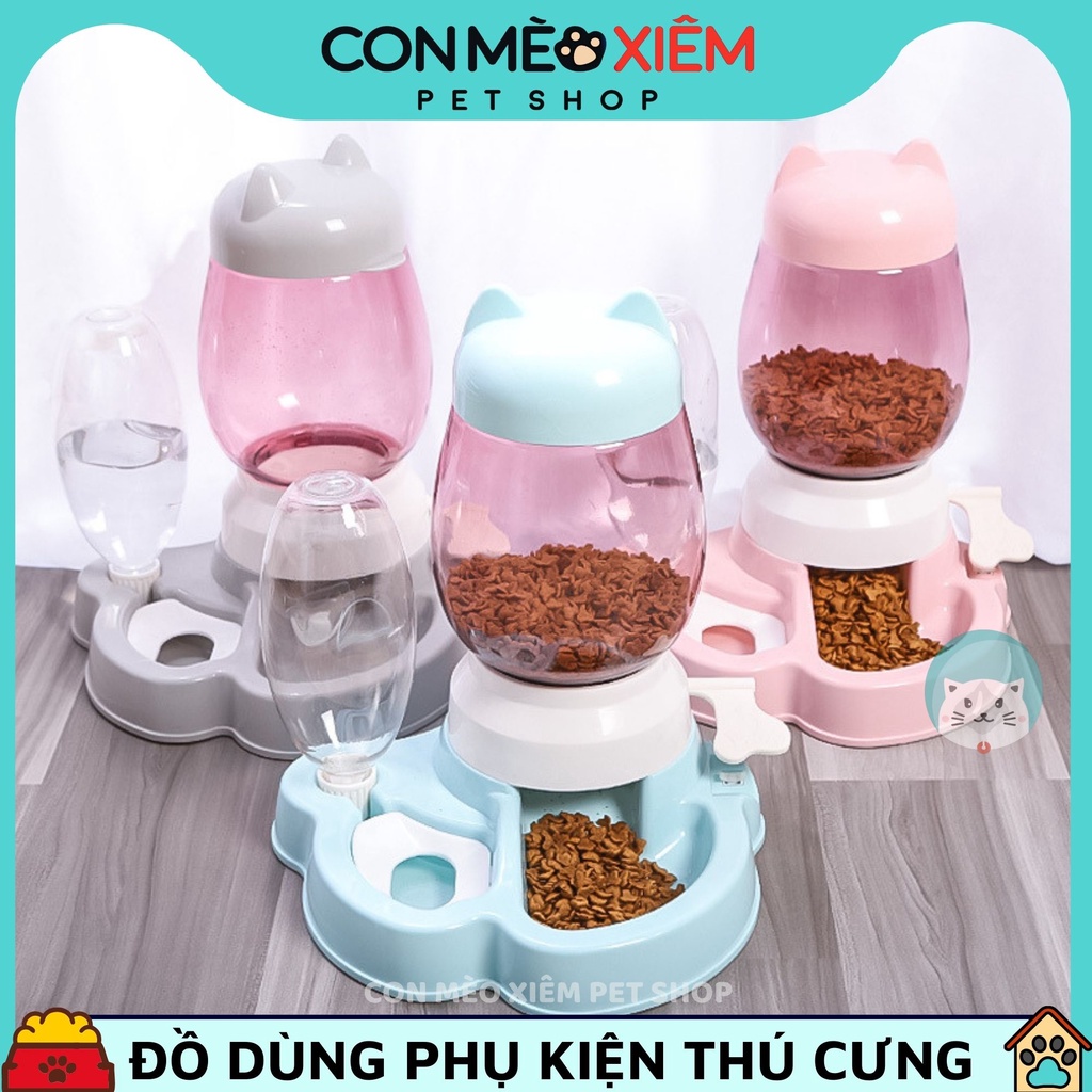 Bộ chén ăn cho chó mèo tự động đạp chân tai thỏ đôi nhựa đựng thức ăn có khay nước, phụ kiện thú cưng Con Mèo Xiêm