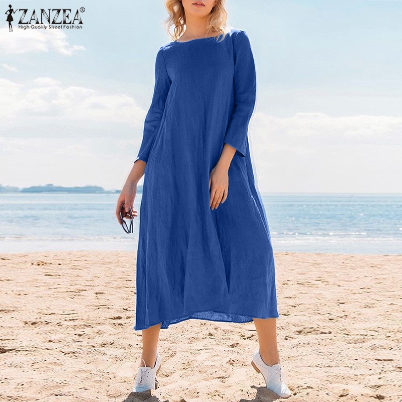 Đầm Zanzea dài tay cổ tròn màu trơn thời trang cho nữ