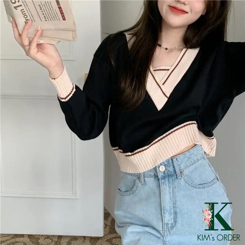 Áo len nữ croptop cổ chữ V dài tay màu đen ghi xanh than be phong cách Hàn Quốc, tặng dây buộc tóc, tặng túi thơm