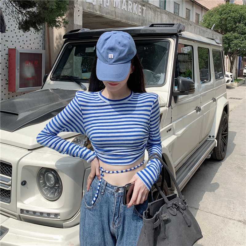 Áo thun tay dài cổ tròn dáng ôm họa tiết kẻ sọc ngang thời trang cho nữ