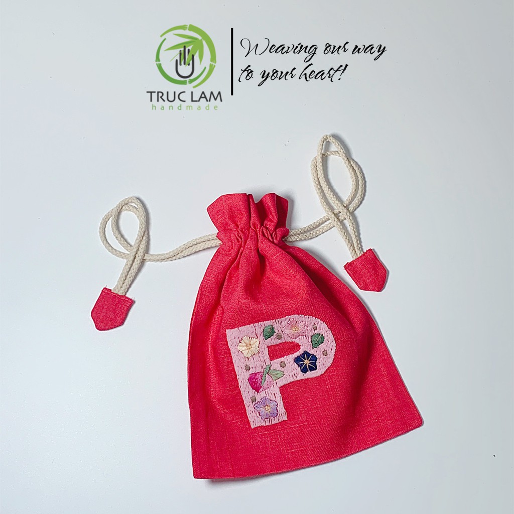 Túi Dây Rút Thêu Tay Họa Tiết Chữ Cái P Phối Hoa Văn Nhiều Màu Sắc - Trúc Lâm Handmade