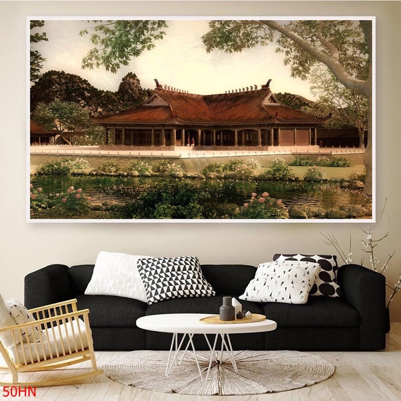 tranh hà nội xưa sẵn treo 50x75cm chất liệu tráng gương đính đá