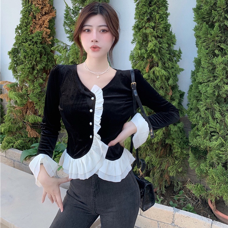 Áo nhung tay dài phối bèo thời trang mùa đông dễ phối đồ