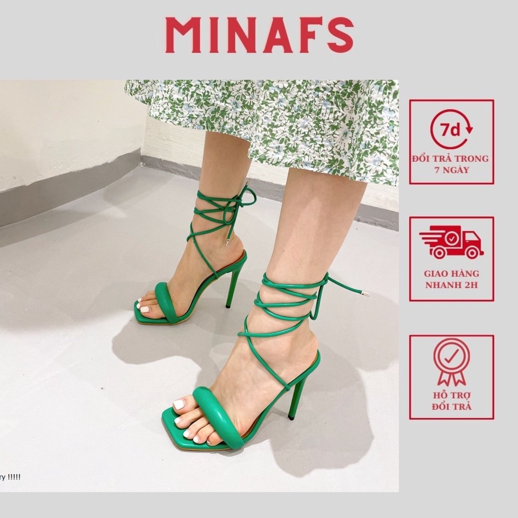 Giày Chiến Binh Nữ MINAFS Guốc Đan Quai Ngang Phồng,Sandal Dây Cột Gót Nhọn 9cm Da Bóng Xăng Đan Cao Gót Buộc Dây Mảnh