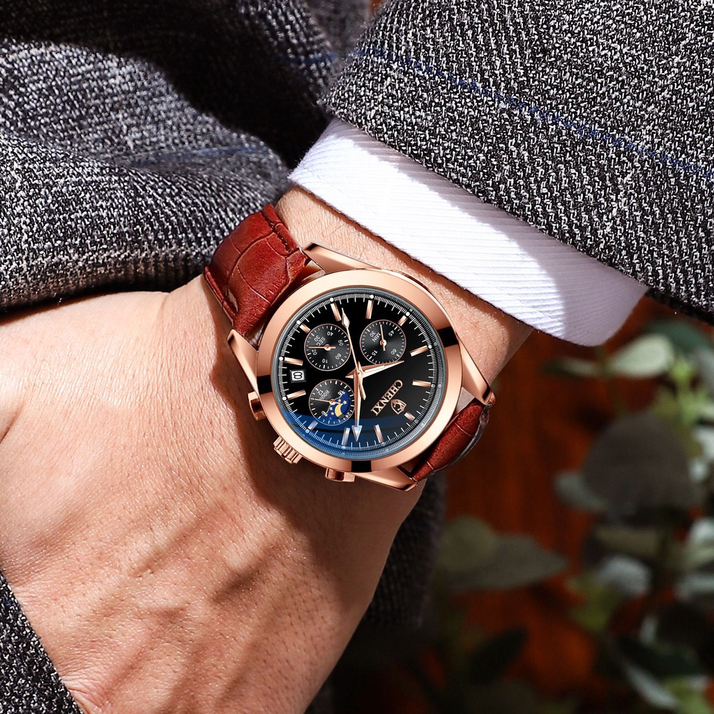 Đồng Hồ Thể Thao CHENXI 905A Ba Mắt Đa Chức Năng Chống Thấm Nước Với Dây Đeo Da Dạ Quang