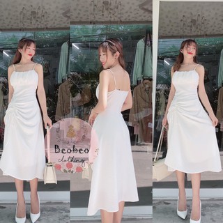 [Ảnh thật] Đầm midi trắng 2 dây rút dây eo vintage