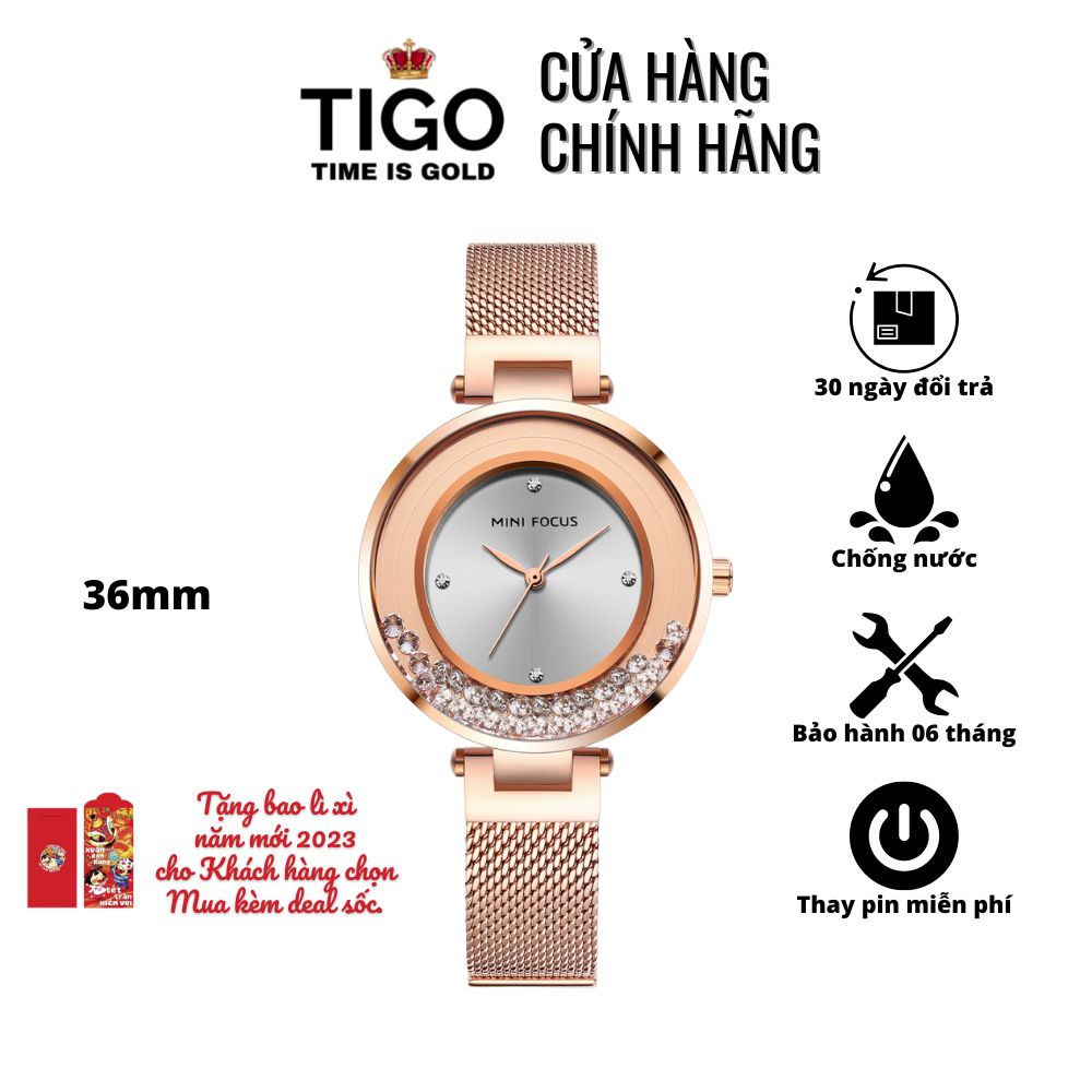 Đồng Hồ Nữ MINI FOCUS MF0254L.02 Dây Thép Vàng Hồng Viền Thép Không Gỉ Cao Cấp Mặt Tròn Đường Kính 36mm Chống Nước