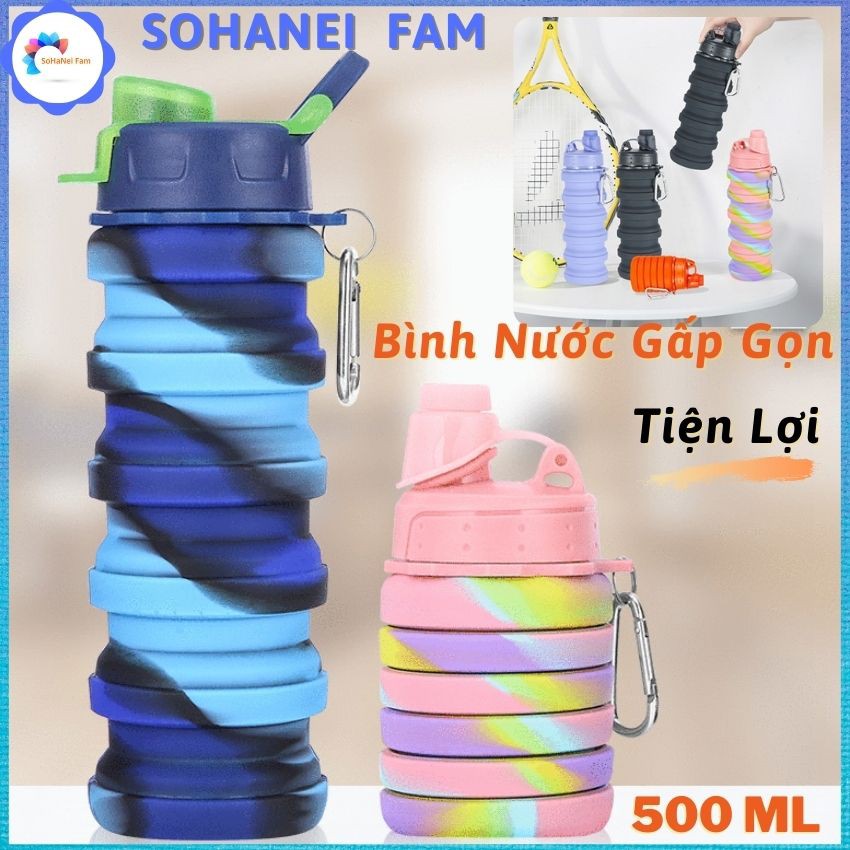 Bình Nước Chai Nước Silicone 500ML Có Thể Gấp Gọn Tiện Dụng -SOHANEI FAM -Thích Hợp Đi Bộ Thể Thao Ngoài Trời, Dã Ngoại