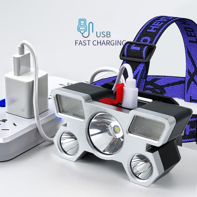 Đèn led đeo đầu 5 bóng mạnh kèm pin sạc USB chống thấm nước tiện dụng mang theo du lịch dã ngoại