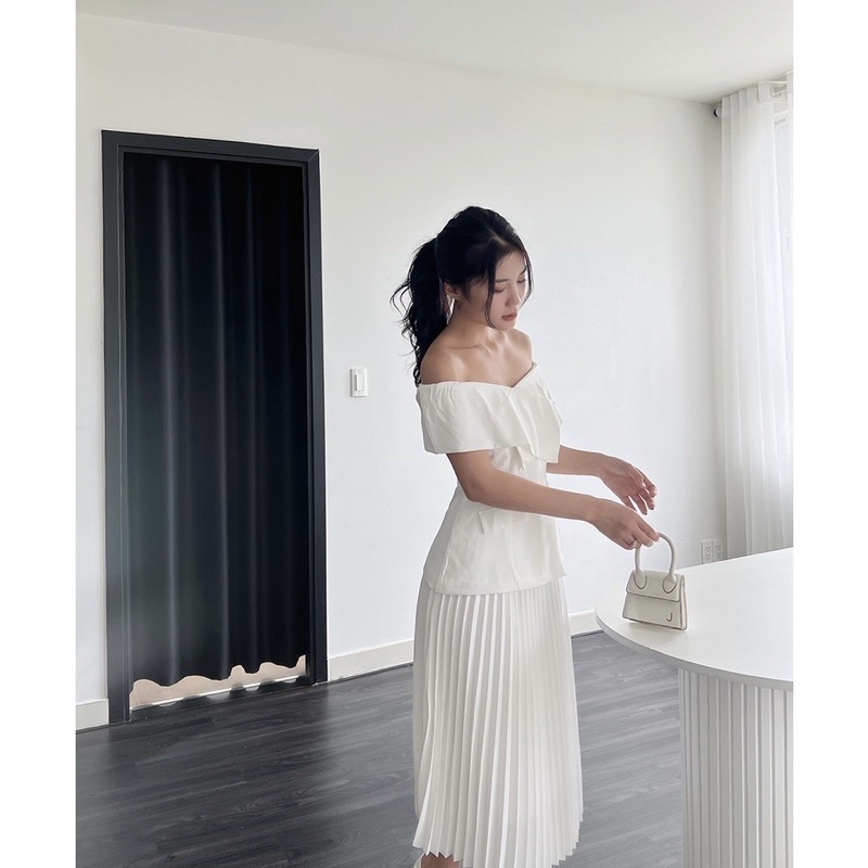 ÁO THIẾT KẾ TRỄ VAI MAY 2 LỚP SANG TRỌNG ĐI TIỆC ĐI CHƠI MÀU TRẮNG