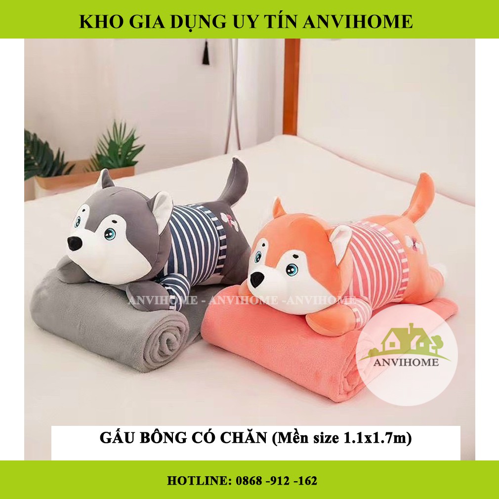 Mền gối Husky mặt ngáo 3 trong 1 kích thước mền 1.1x1.7m Bộ Chăn Gối văn phòng gấu bông Anvihome
