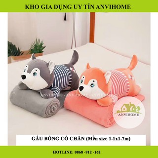 Mền gối Husky mặt ngáo 3 trong 1 kích thước mền 1.1x1.7m Bộ Chăn Gối văn phòng gấu bông Anvihome