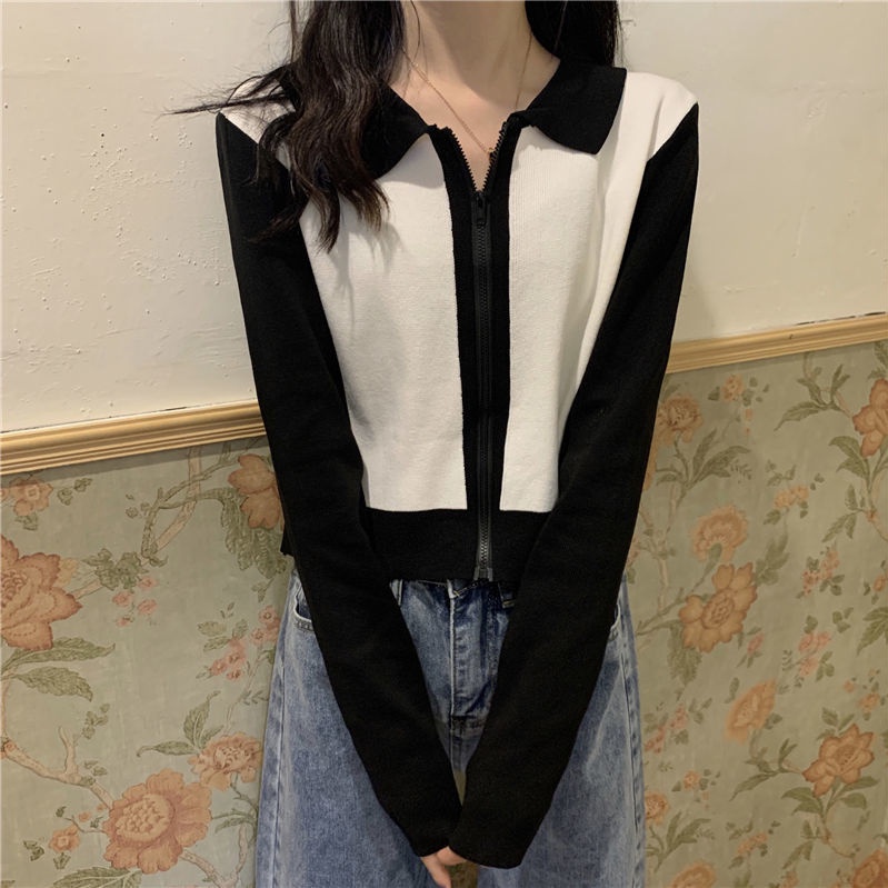 Áo Khoác cardigan Dệt Kim Tay Dài Có Khóa Kéo Màu Sắc Tương Phản Phong Cách Hàn Quốc Thời Trang Cho