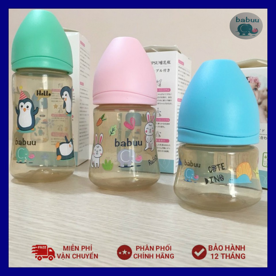 (Tặng kèm 1 núm ti - Hỗ trợ chọn núm ti)Bình sữa nắp sóng Babuu Baby Nhật bản nhựa PPSU không chứa BPA 90ml,160ml,240ml
