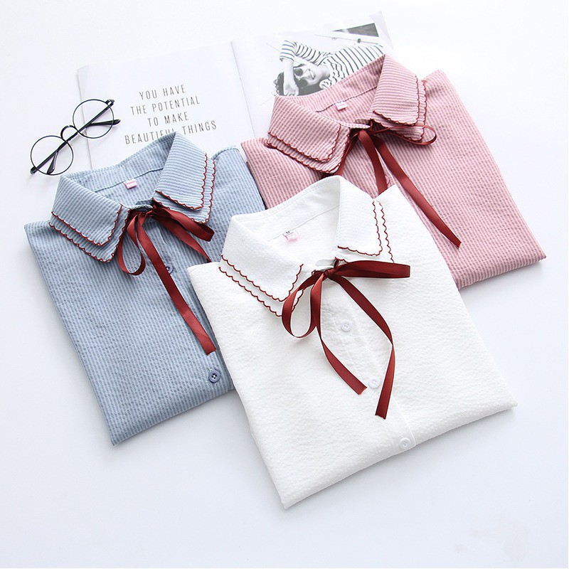 Korean Style Sweet Lace-up Bow Women's Blouse Fashion Casual Stripe Print Double-layer Blouses