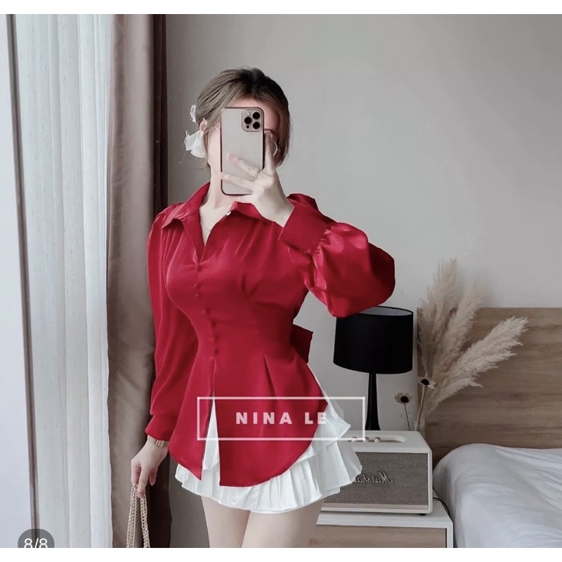 áo sơ mi xẻ tà cột nơ sau lưng