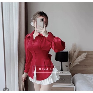 Áo sơ mi xẻ tà cột nơ sau lưng