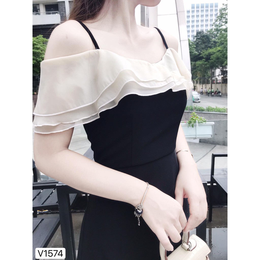 Váy đen trễ vai hai dây che bắp tay dấu bụng DVC - Maidieuhuyen V1574 MH | BigBuy360 - bigbuy360.vn