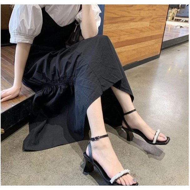 PAMELA - Sandal Nữ Cao Gót 5 phân Quai Bèo Đính Ngọc Xoắn Tiểu Thư 2021 - S