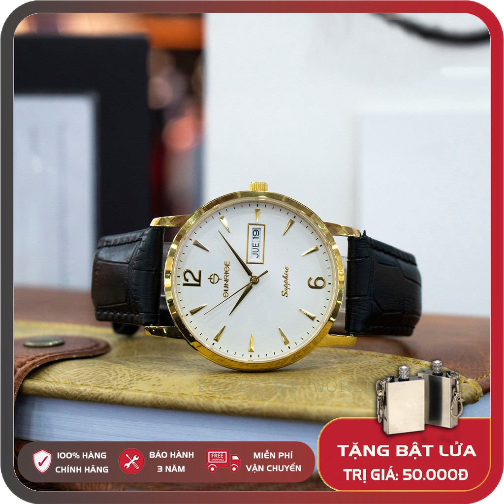 Đồng hồ nam dây da Sunrise DM778SWA, full box, bảo hành 3 năm, sapphire chống xước, chống nước