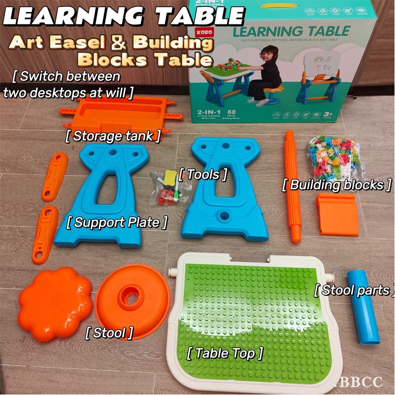 Bàn lego cho bé kèm bảng vẽ cho bé 2 in 1, bàn lắp ráp đồ chơi kèm vẽ gồm 88 chi tiết xếp hình