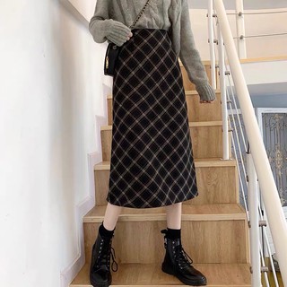 [ Sẵn/ hình thật Chân váy dạ kẻ dáng dài xẻ. Chân váy bút chì ôm dáng