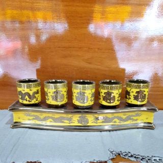 Bộ ly nước 5 ly để bàn thờ ông địa 3D vàng ( Cong )