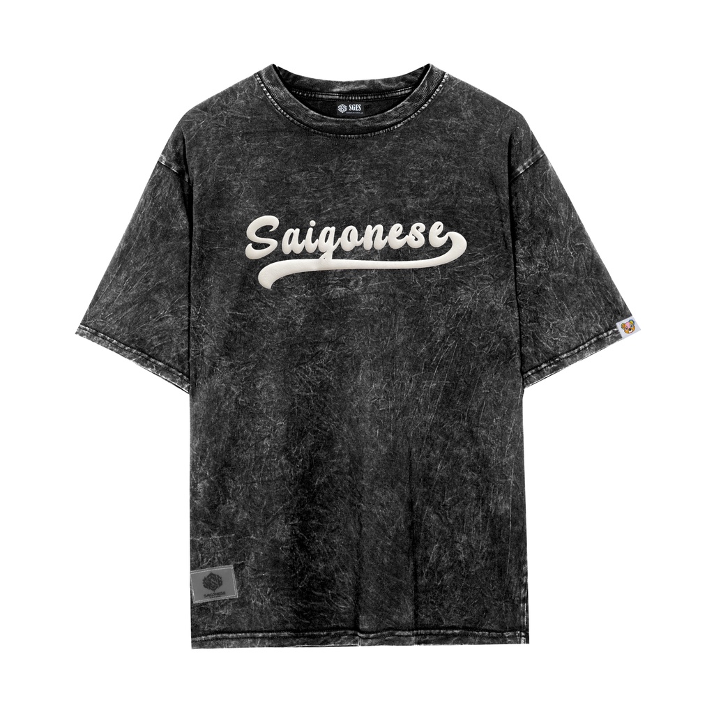 Áo Thun Wash In Nổi Saigonese SGES Phông Unisex Form Rộng Tay Lỡ Nam Nữ Màu Đen Wash Xanh Lá