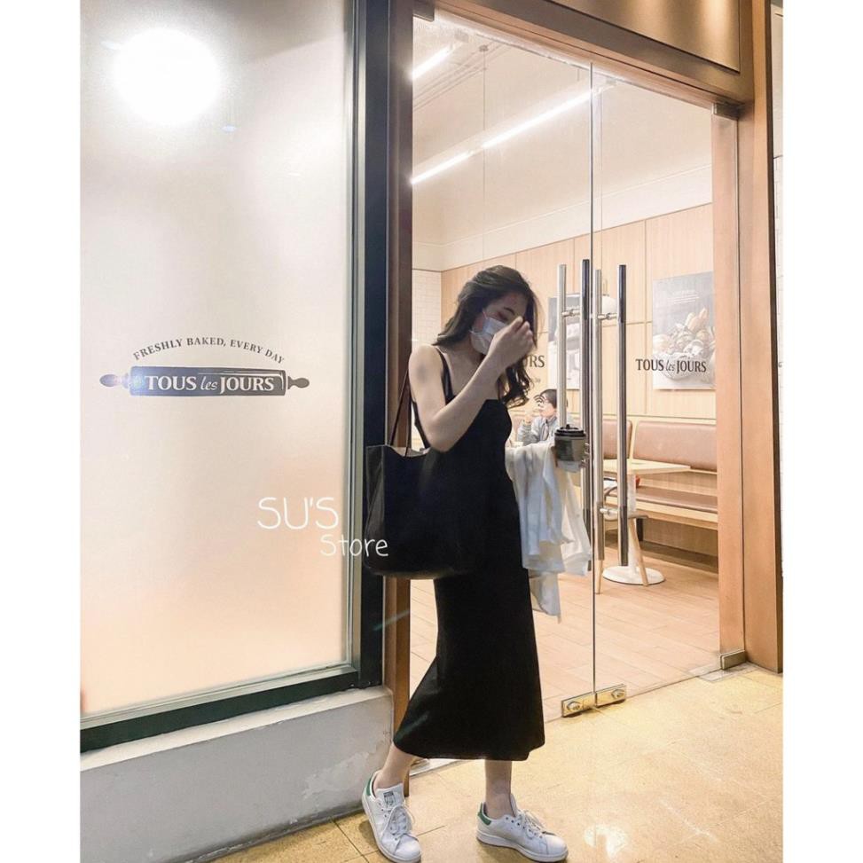 Váy Hai Dây Thun Trơn Dáng Suông - Rere.Store [FREESHIP] - Đầm midi dáng dài màu đen basic Ulzzang  ྇