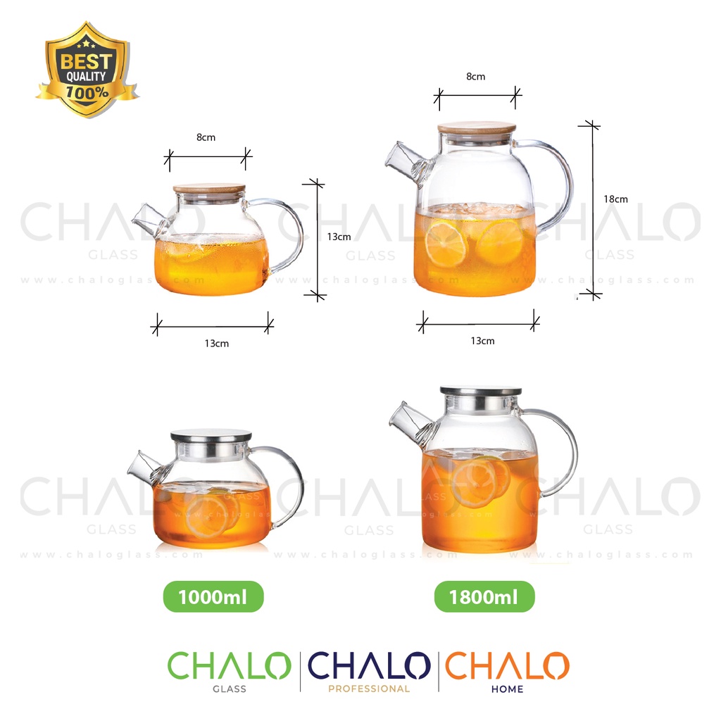 Bình trà thủy tinh chịu nhiệt nắp gỗ &amp; inox - 1000ml ~ 1800ml - BINH-04 &amp; BINH-05