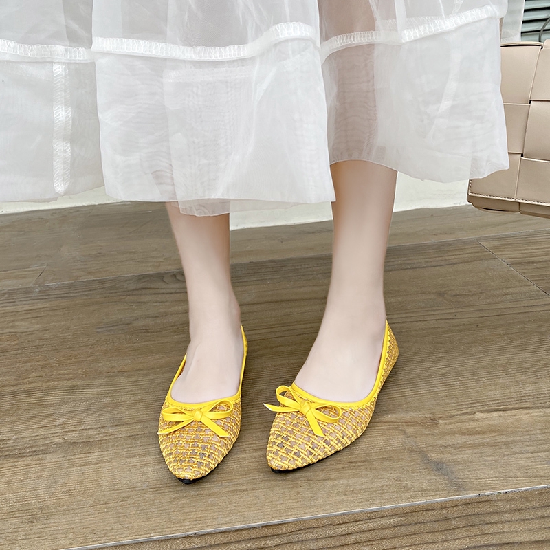 Giày búp bê mũi nhọn đế chống trượt đính nơ thời trang Hàn Quốc cho nữ