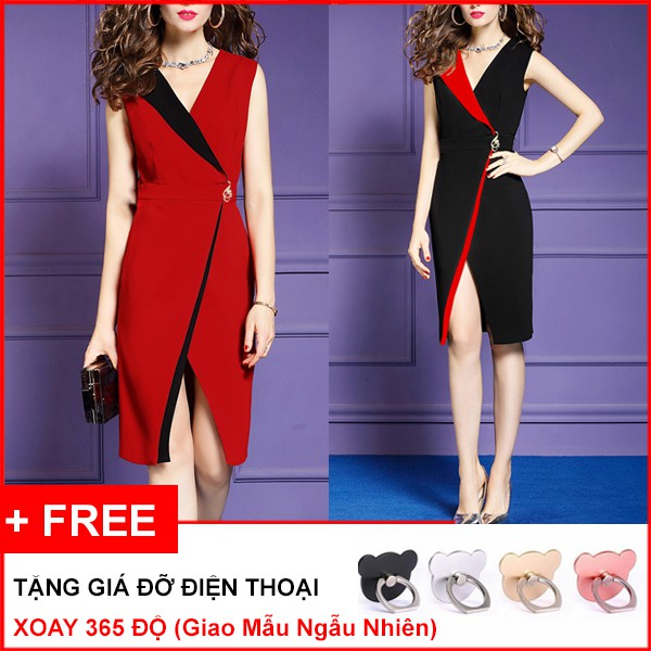 [GOTI -  Hình Thật Sản Phẩm] Đầm Ôm Dự Tiệc Kiểu Cổ Chữ V Xẻ Tà Phối Phụ Kiện Eo Màu Đen Phối Viền Đỏ 3047