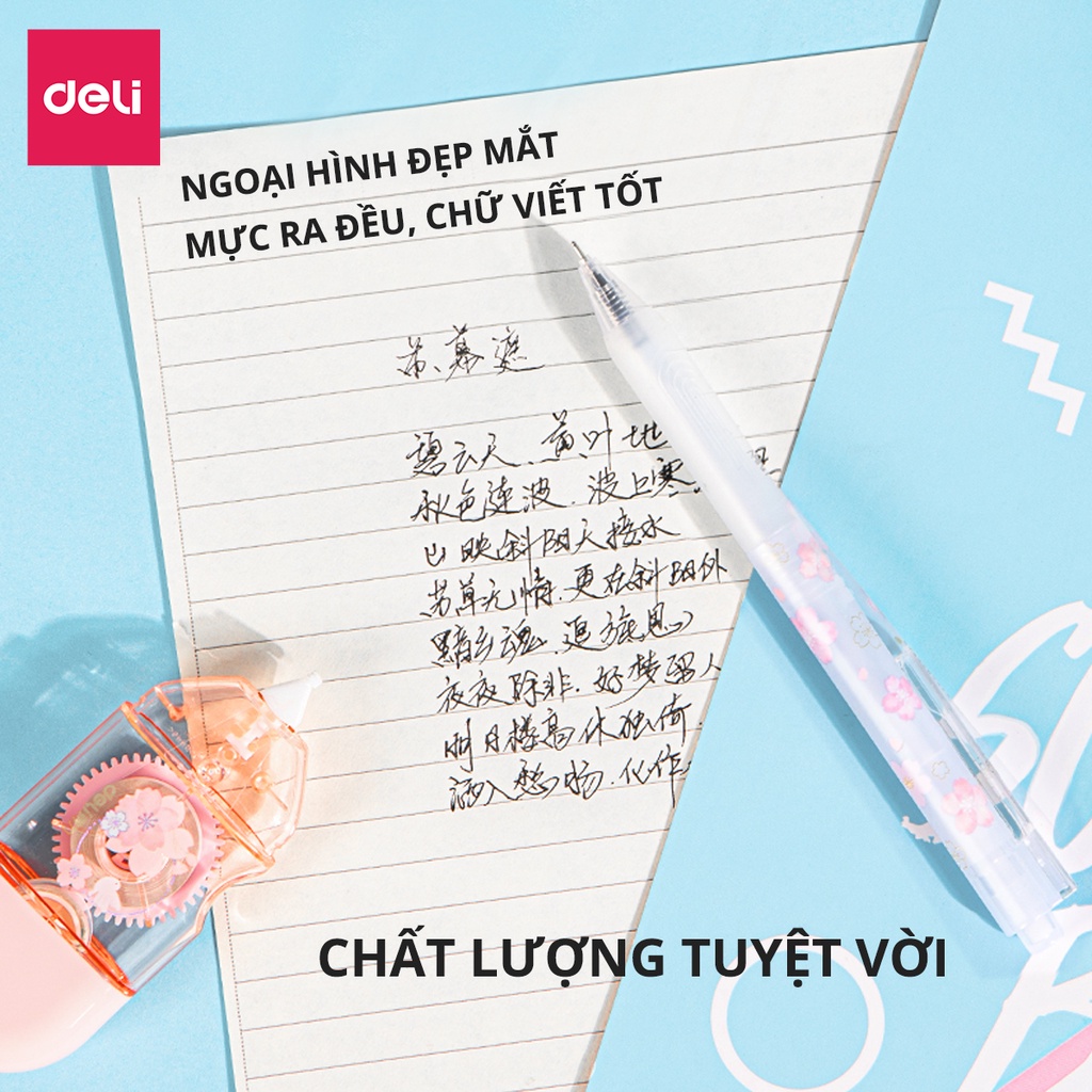 Bộ 3 bút bi nước mực gel đen 0.38mm Deli họa tiết hoa dễ thương mực đều viết trơn tru nhanh khô có đệm tay cao su A580