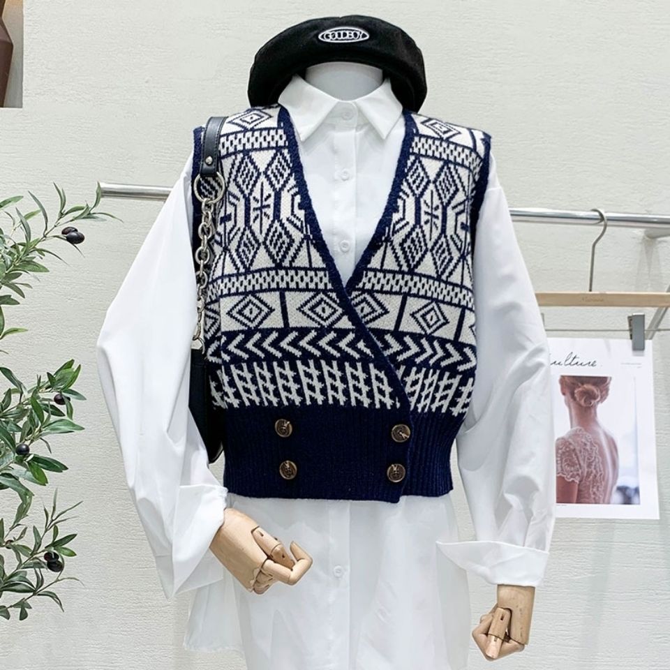 Áo Gile Áo Len Gile Knitted Vest Women's New Loose Retro Contrast Plaid Sleeveless V-neck Jacket