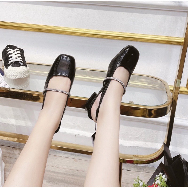 Giày búp bê nữ quai ngang đá mũi vuông da bóng đế cao 3 phân