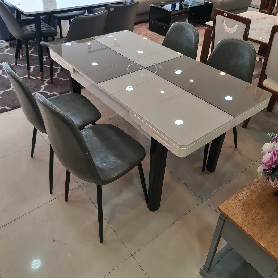 Bộ bàn ăn mở rộng mặt kính bếp từ 4 ghế B523 gỗ tự nhiên 1m1 màu xám