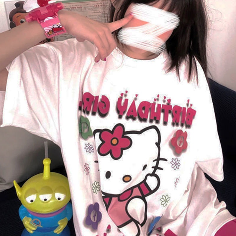 Áo Thun Trắng Tay Ngắn Dáng Rộng In Hình Hello Kitty Kiểu Nhật Hàn Dễ Thương Cho Nữ