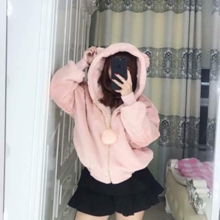 Áo khoác lông mũ tai gấu khoá dây kéo quả bông