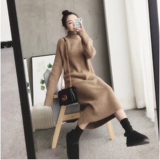 Váy len nữ dáng dài suông Đầm len gân cổ lọ basic phom rộng hàng Quảng Châu cao cấp Style Hàn Quốc