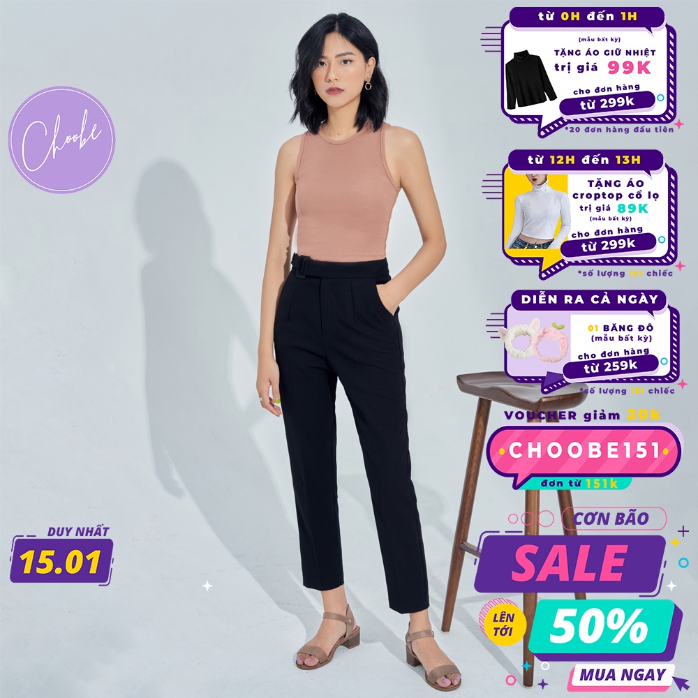 Quần baggy nữ Choobe lưng cạp cao đai vải vuông cúc lệch đồ công sở đi học form đẹp màu đen ghi Q02